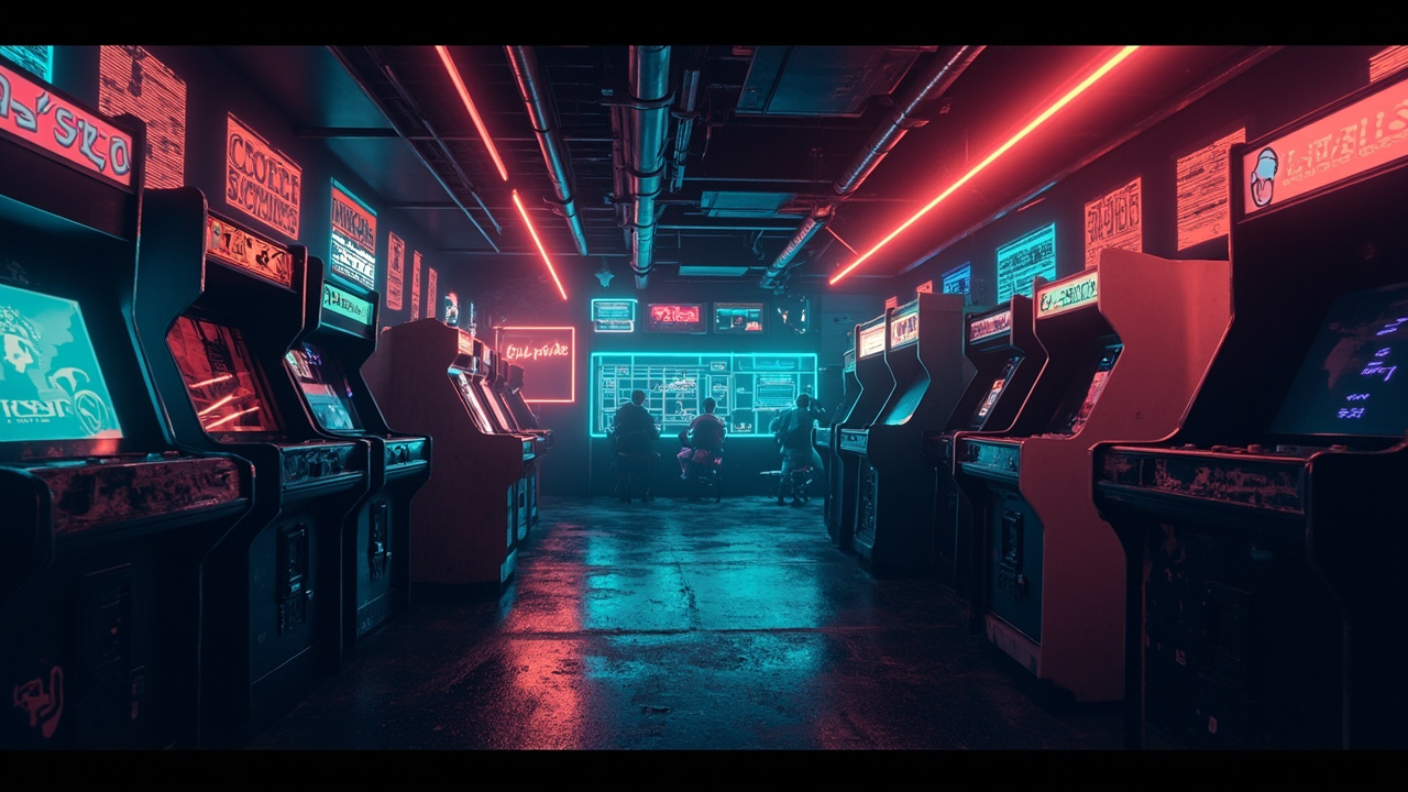 Illustration of a neon-lit retro arcade interior