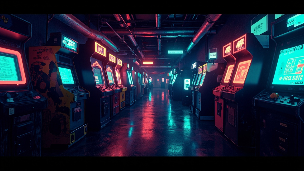 Illustration of a neon-lit retro arcade interior