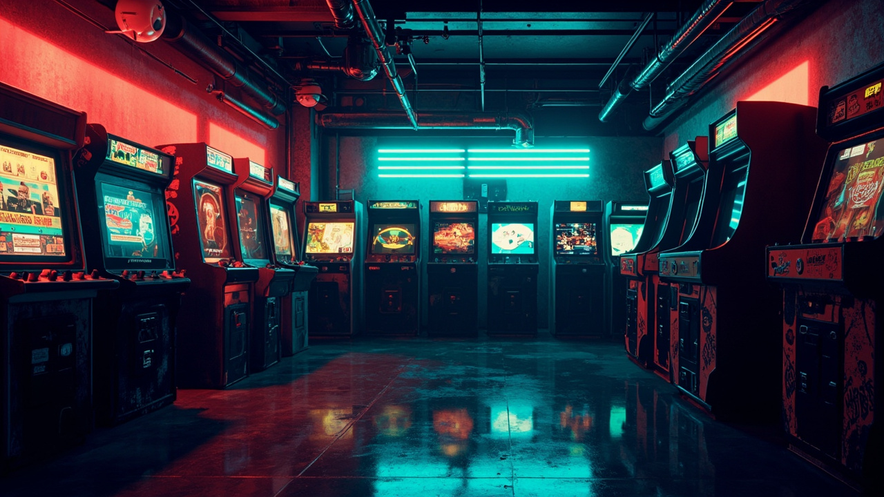 Illustration of a neon-lit retro arcade interior