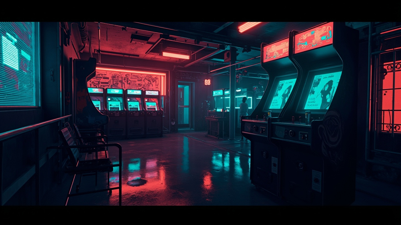 Illustration of a neon-lit retro arcade interior