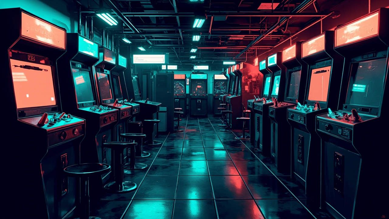Illustration of a neon-lit retro arcade interior
