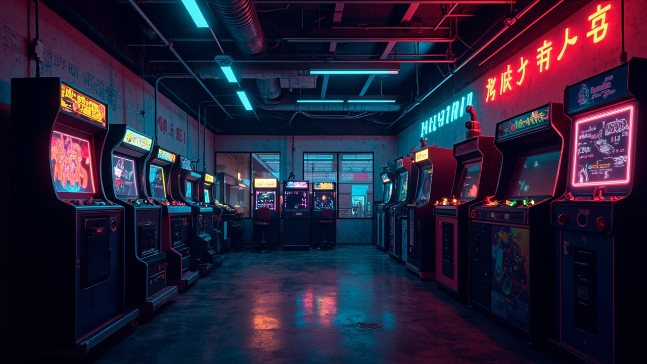 Illustration of a neon-lit retro arcade interior