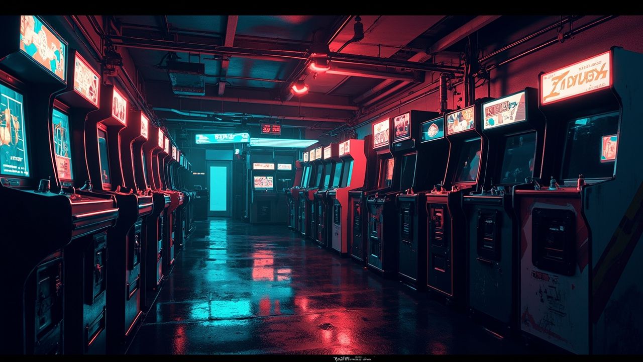 Illustration of a neon-lit retro arcade interior