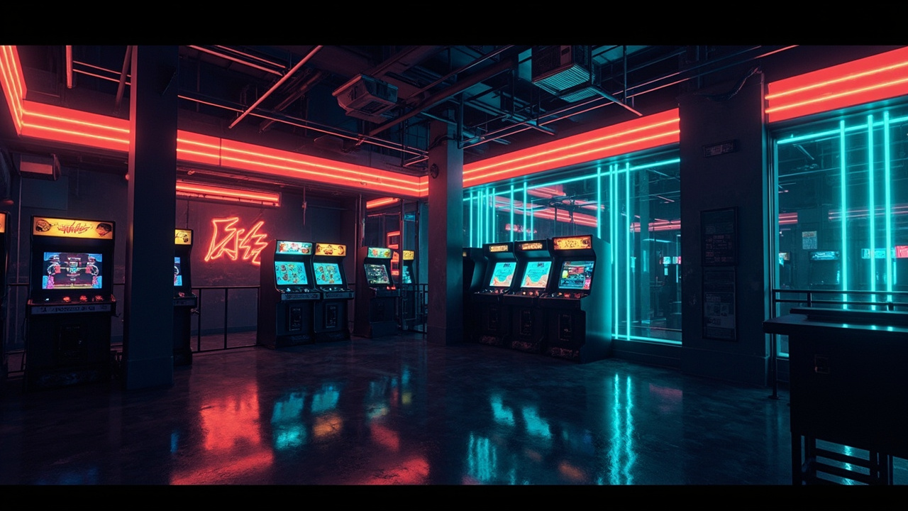 Illustration of a neon-lit retro arcade interior