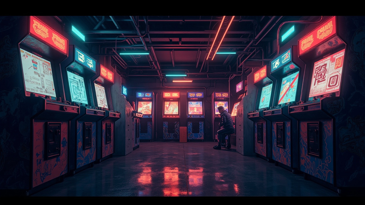 Illustration of a neon-lit retro arcade interior