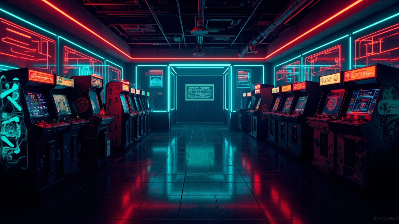 Illustration of a neon-lit retro arcade interior