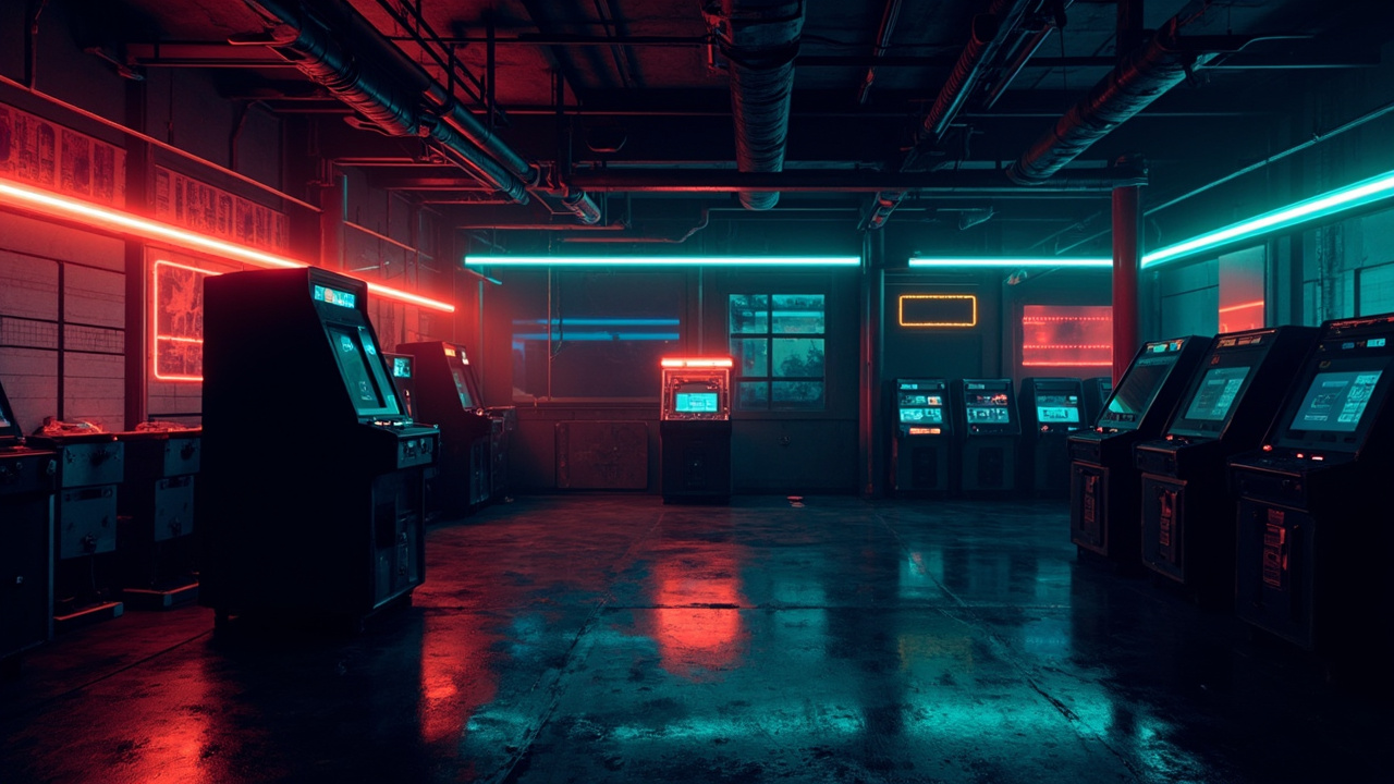 Illustration of a neon-lit retro arcade interior