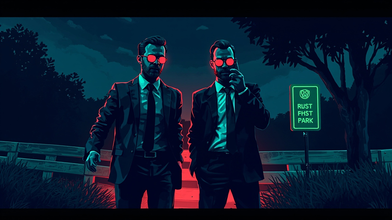 Illustration: Two pixel-art figures in business attire stand side by side in front of a green park sign and a wooden fence, set against a dark landscape in a retro video game style.