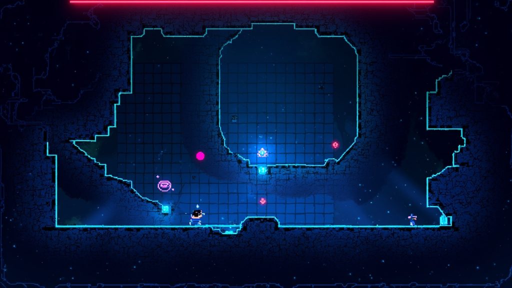 Illustration: A retro video game screen displaying a pixelated grid-based dungeon scene with character sprites on blue tiled platforms.