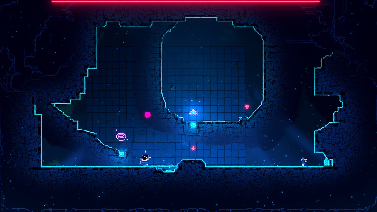 Illustration: A retro video game screen displaying a pixelated grid-based dungeon scene with character sprites on blue tiled platforms.