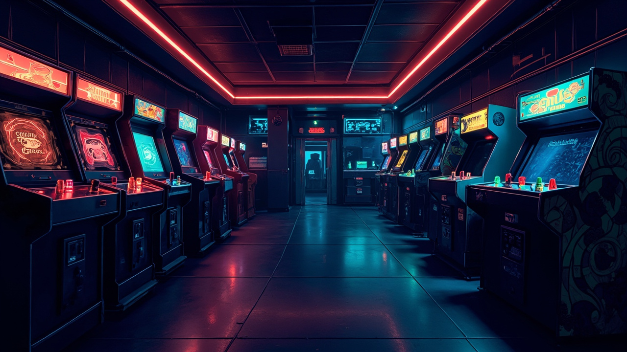 Illustration of a neon-lit retro arcade interior