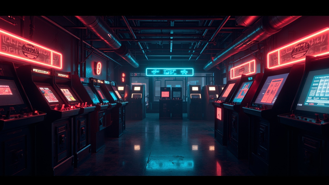 Illustration of a neon-lit retro arcade interior