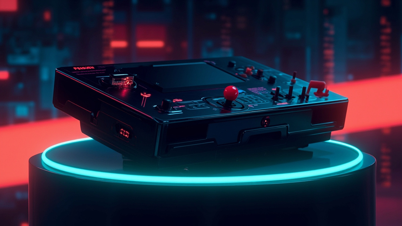Illustration of retro gaming hardware in synthwave style