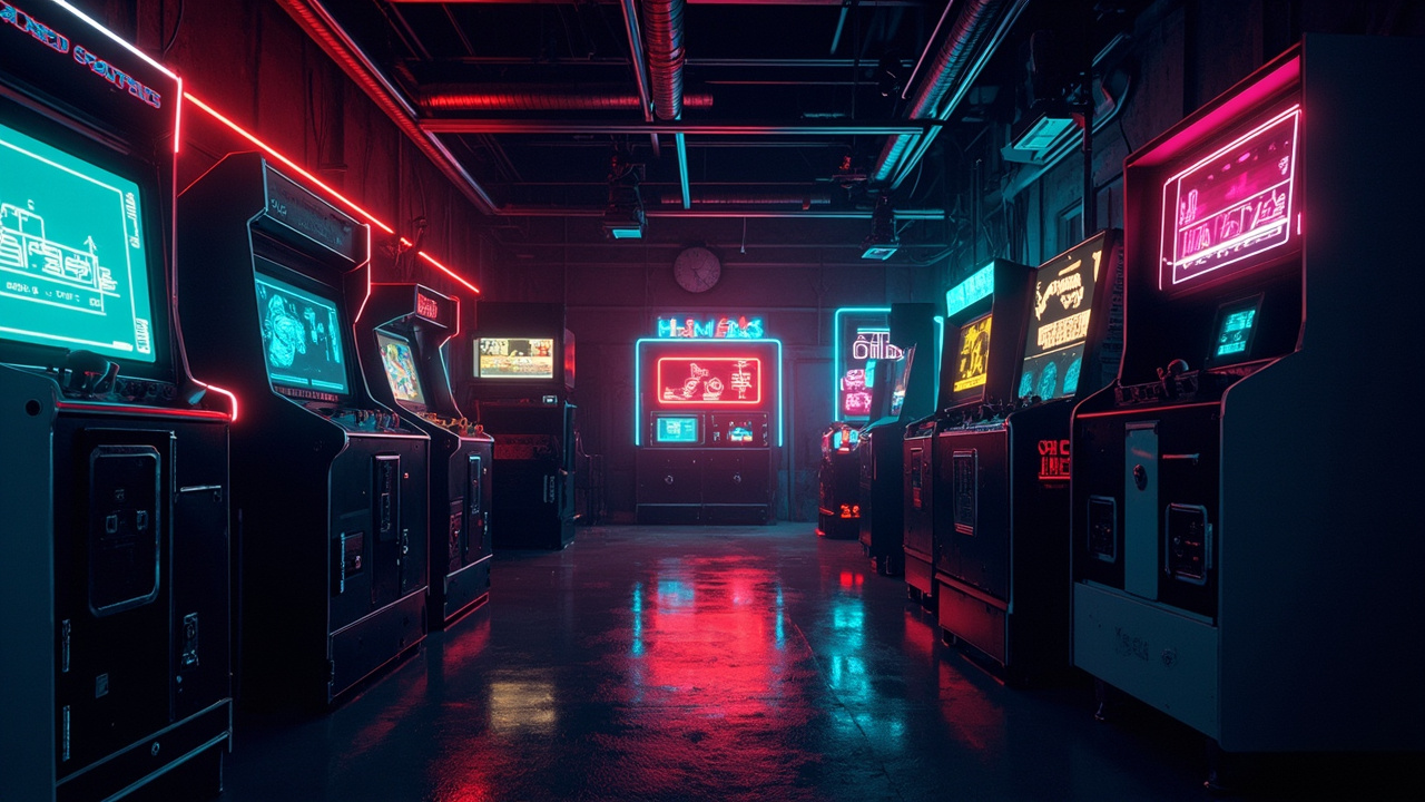 Illustration of a neon-lit retro arcade interior