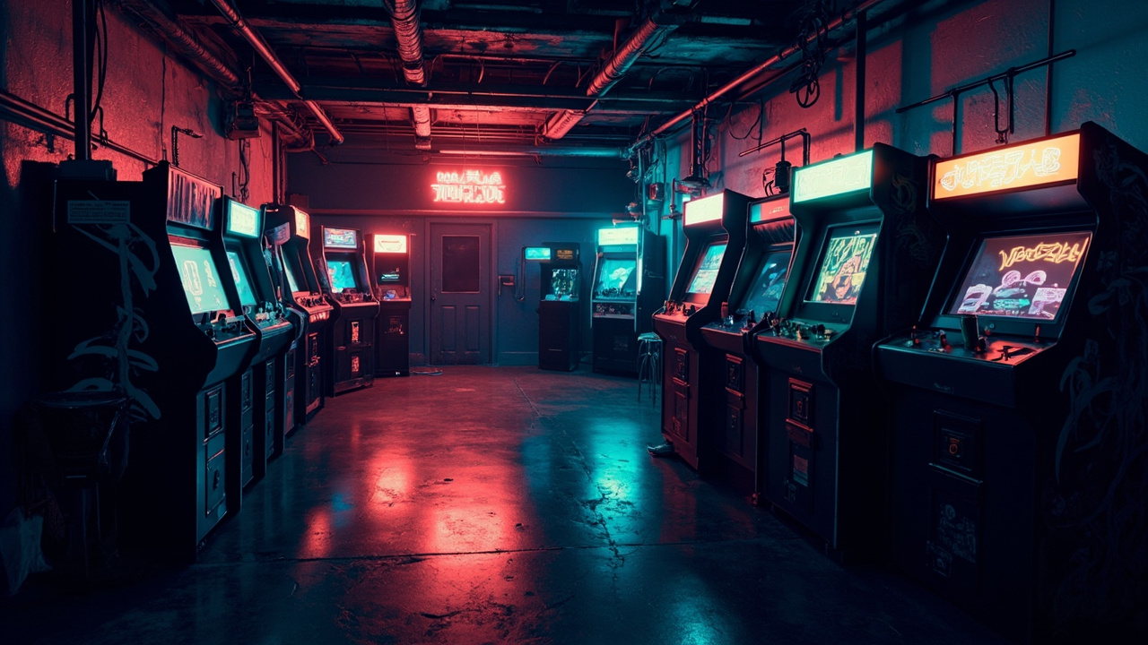 Illustration of a neon-lit retro arcade interior