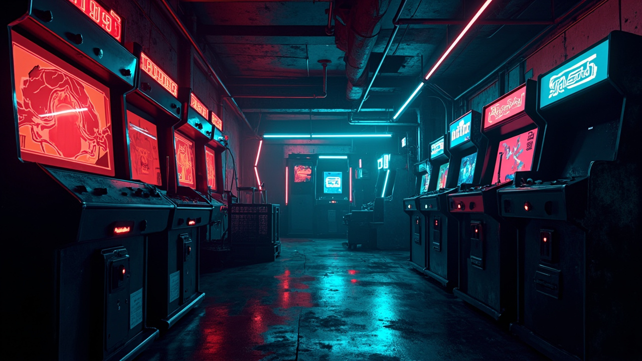 Illustration of a neon-lit retro arcade interior