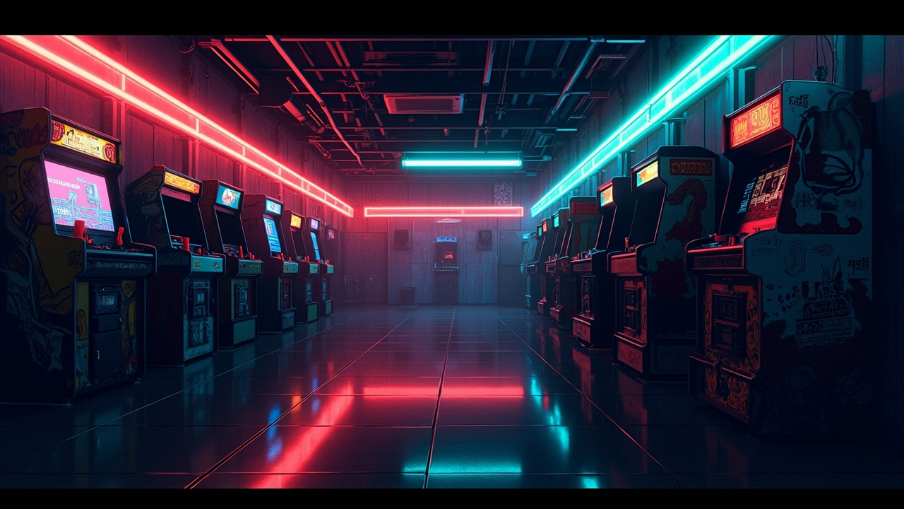 Illustration of a neon-lit retro arcade interior