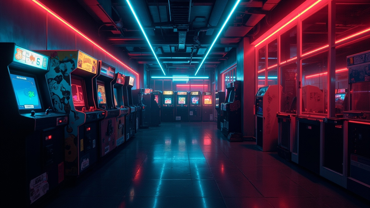 Illustration of a neon-lit retro arcade interior