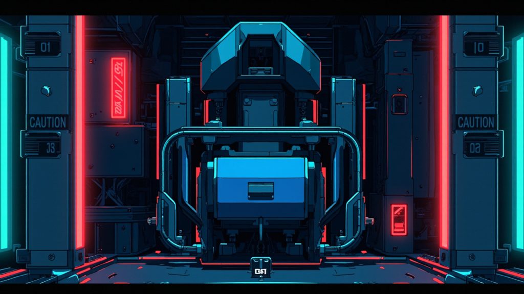 Illustration: A symmetrical mechanical assembly is centered within an industrial enclosure. The structure comprises a faceted upper unit and a blue central block, flanked by two rectangular side panels featuring partially legible "CAUTION" labels and the right pan