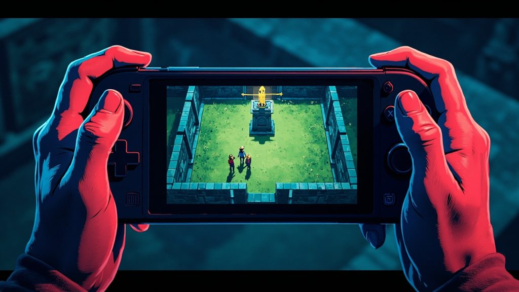 Illustration: A handheld gaming console displays a top-down pixelated scene featuring a grassy enclosure bordered by stone walls, with characters standing before an ornate stone pedestal topped with a golden statue.