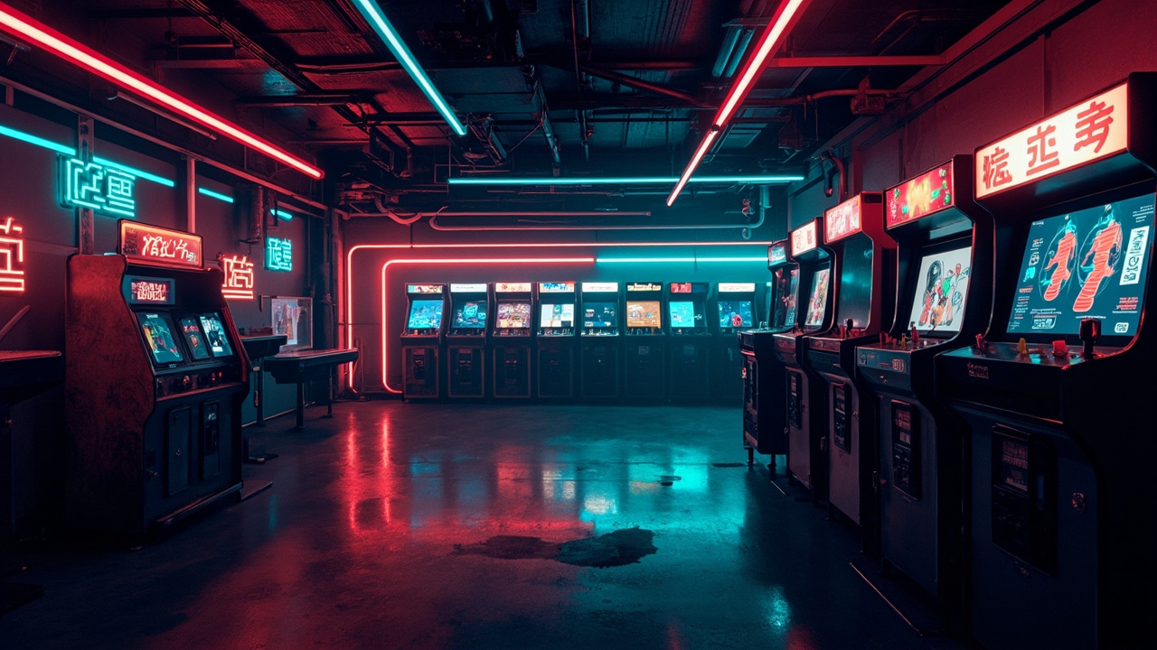 Illustration of a neon-lit retro arcade interior
