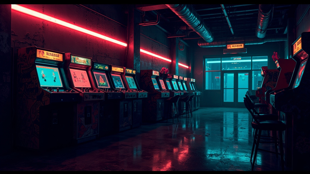 Illustration of a neon-lit retro arcade interior