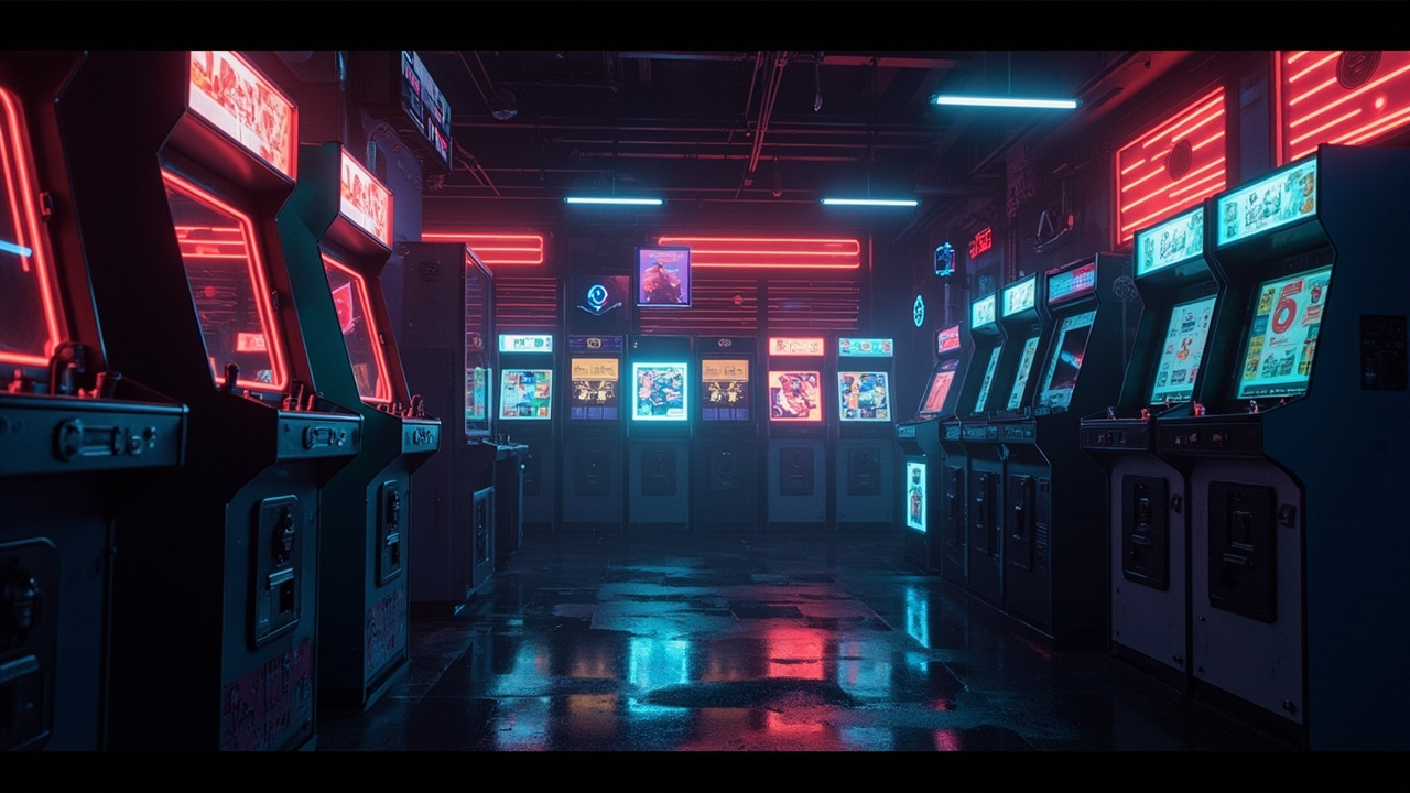 Illustration of a neon-lit retro arcade interior