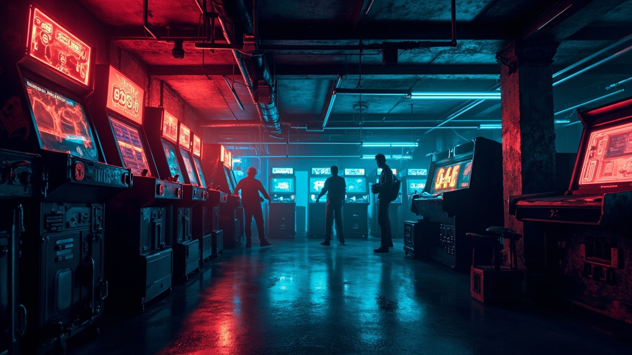 Illustration of a neon-lit retro arcade interior