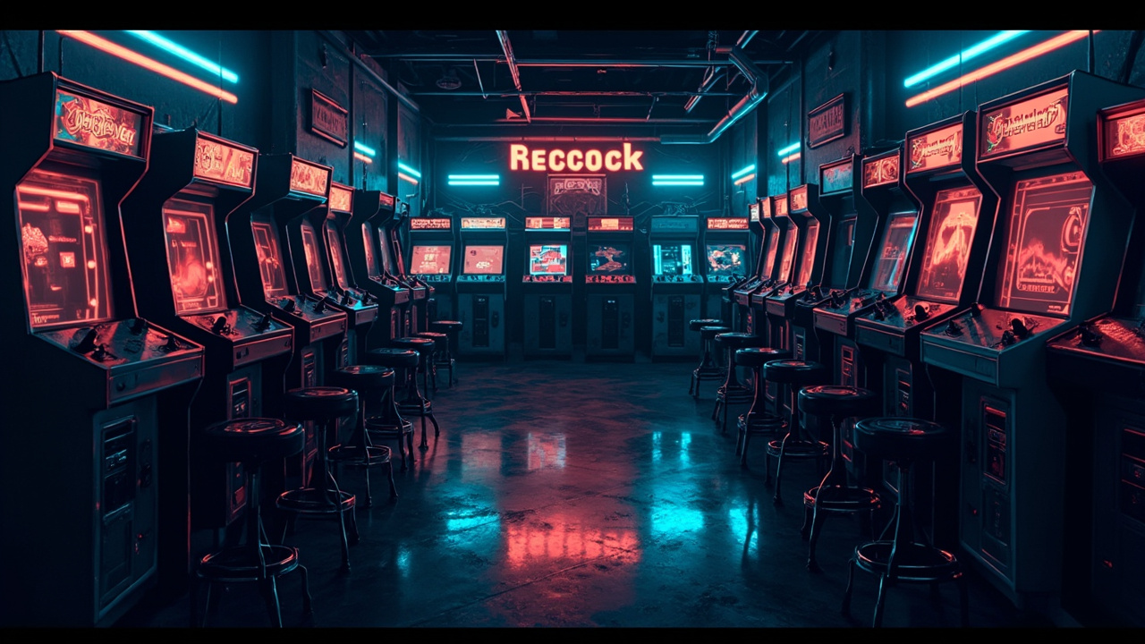 Illustration of a neon-lit retro arcade interior