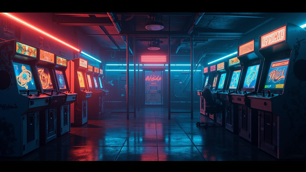 Illustration of a neon-lit retro arcade interior