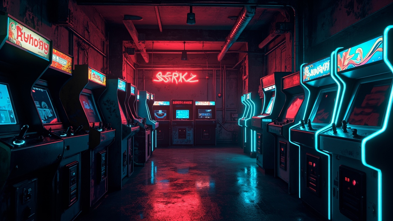 Illustration of a neon-lit retro arcade interior