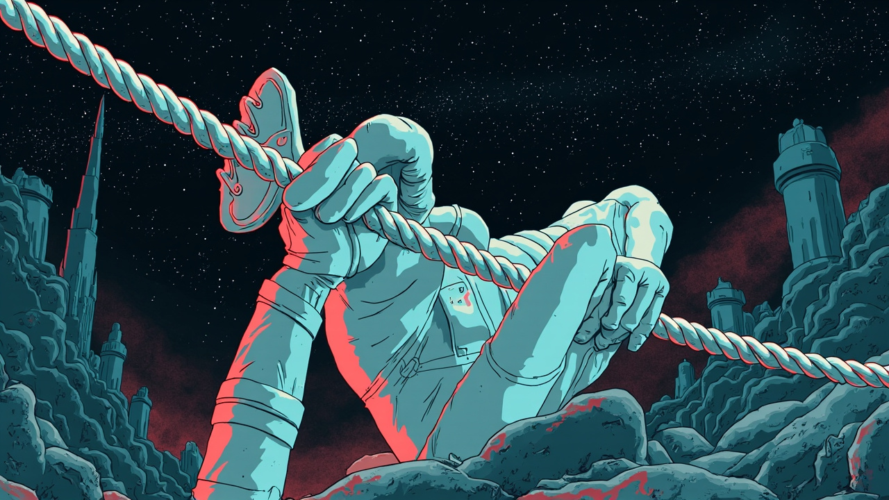 Illustration: A white figure featuring a large, open, glove-like hand leans backward while gripping a thick rope in a grayscale scene with silhouetted structures and a starry sky.