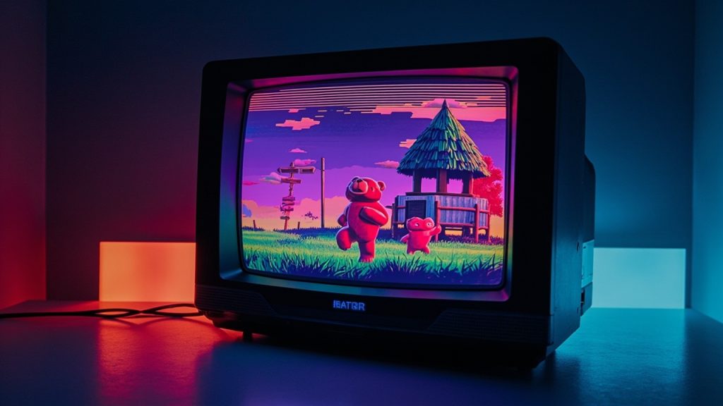 Illustration: A photograph of a curved CRT television screen displaying a colorful, blocky 3D video game scene featuring a red bear-like character running through a grassy landscape with other bear figures, a thatched-roof building, and a signpost in the backgroun