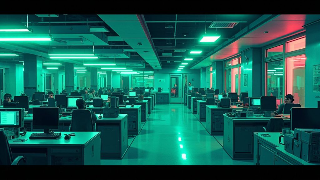 Illustration: A stylized, cartoonish hospital interior filled with rows of office cubicles, desks, computers, and medical equipment rendered in a soft green wash.