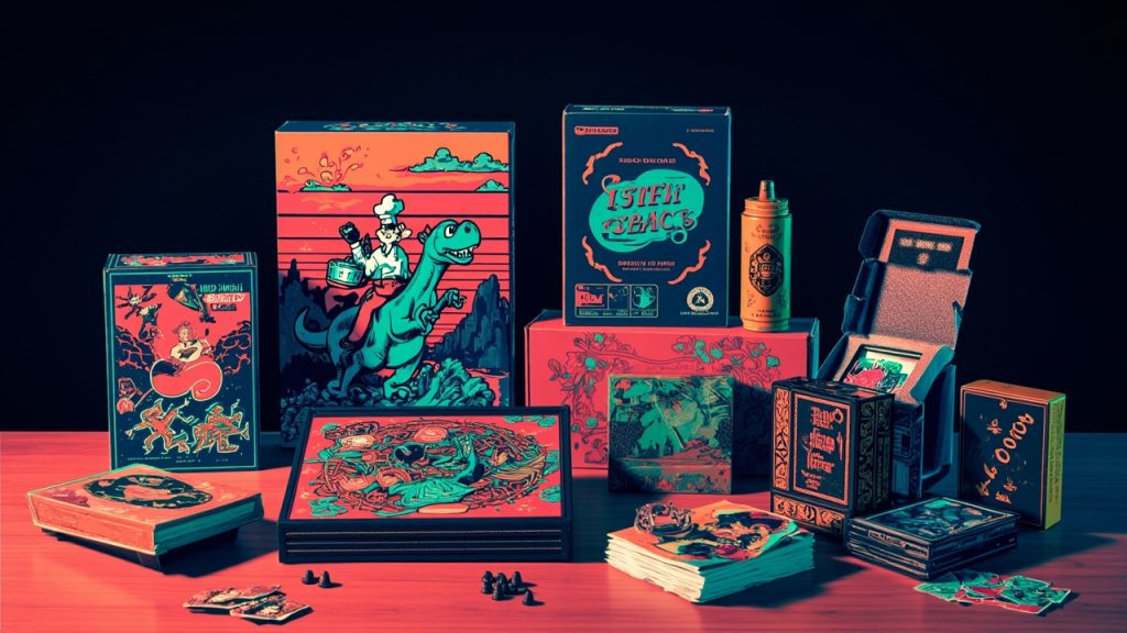 Illustration: A collection of colorful boxed retro video game merchandise, including a large box depicting a cartoon chef riding a dinosaur across a noodle landscape, a small instructional case showing animated characters, a deck of playing cards in an ornate box,