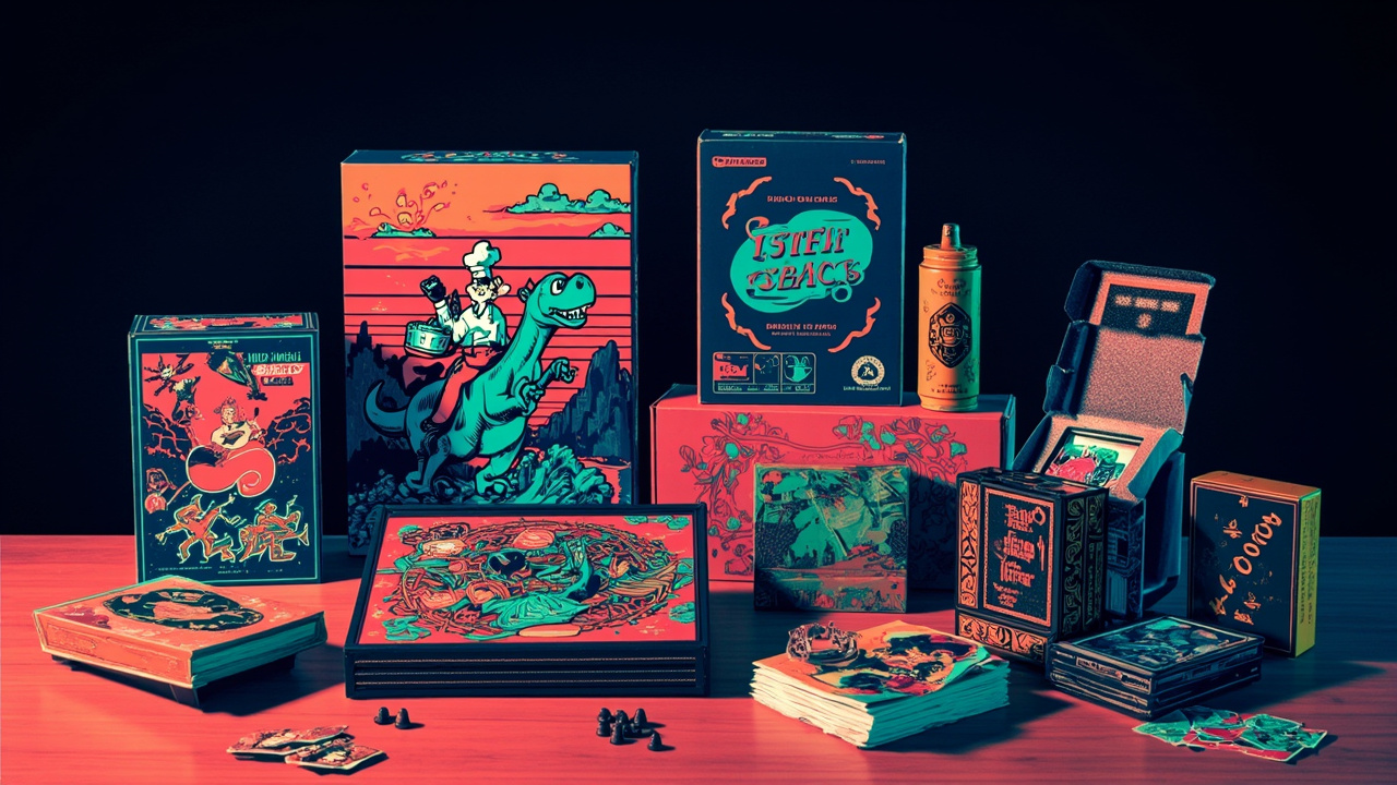 Illustration: A collection of colorful boxed retro video game merchandise, including a large box depicting a cartoon chef riding a dinosaur across a noodle landscape, a small instructional case showing animated characters, a deck of playing cards in an ornate box,