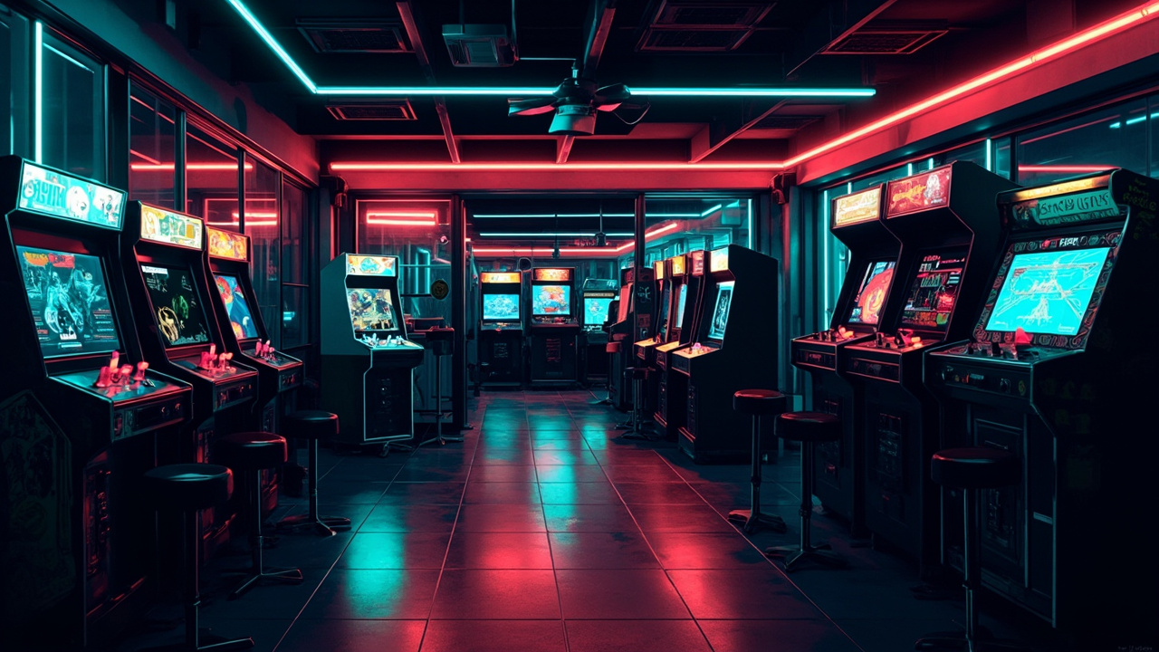 Illustration of a neon-lit retro arcade interior