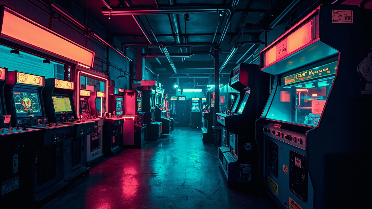 Illustration of a neon-lit retro arcade interior