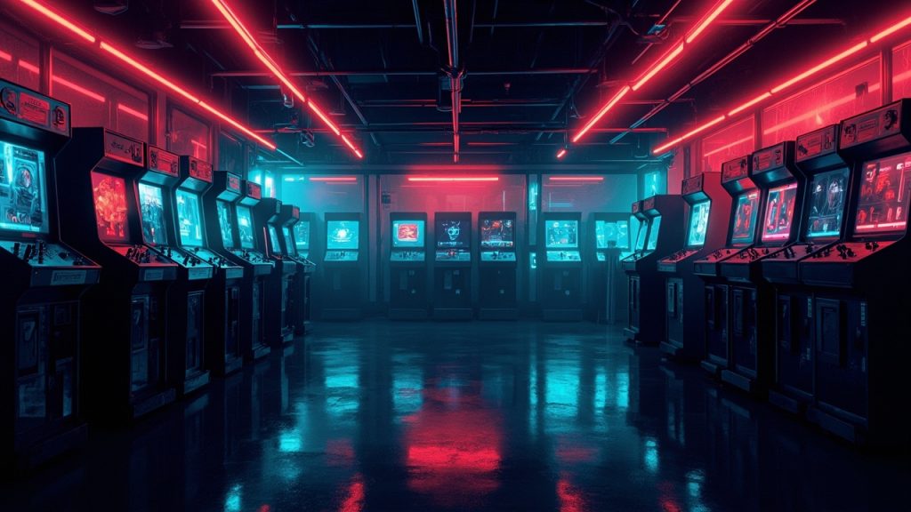 Illustration of a neon-lit retro arcade interior