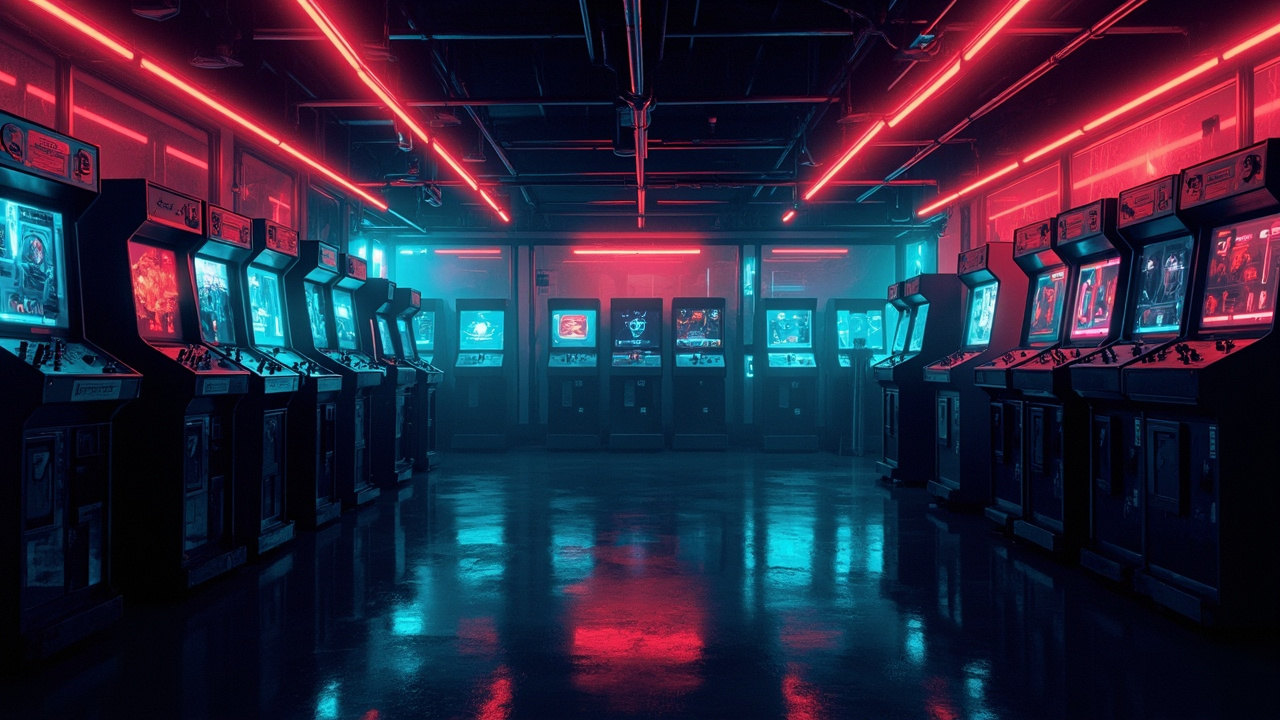 Illustration of a neon-lit retro arcade interior
