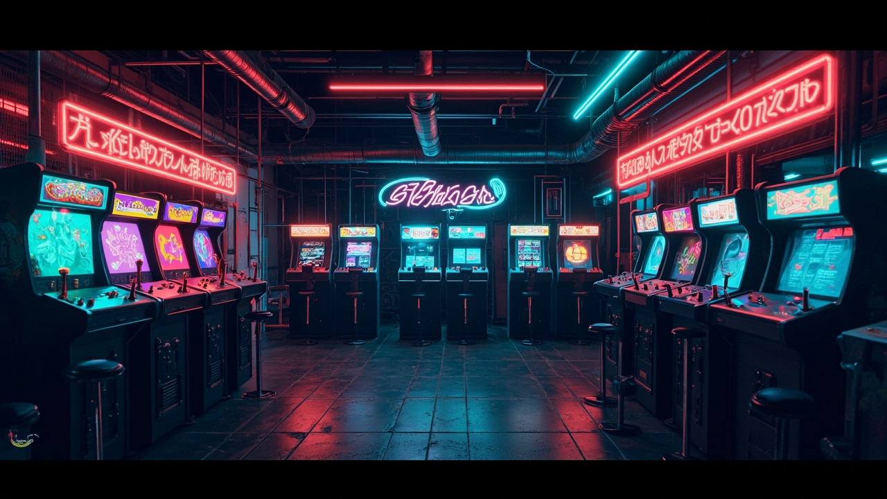 Illustration of a neon-lit retro arcade interior