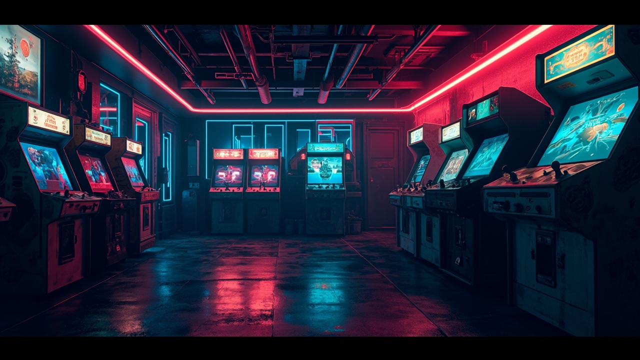 Illustration of a neon-lit retro arcade interior
