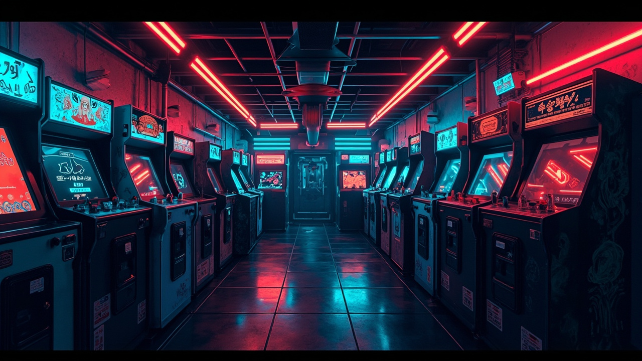 Illustration of a neon-lit retro arcade interior