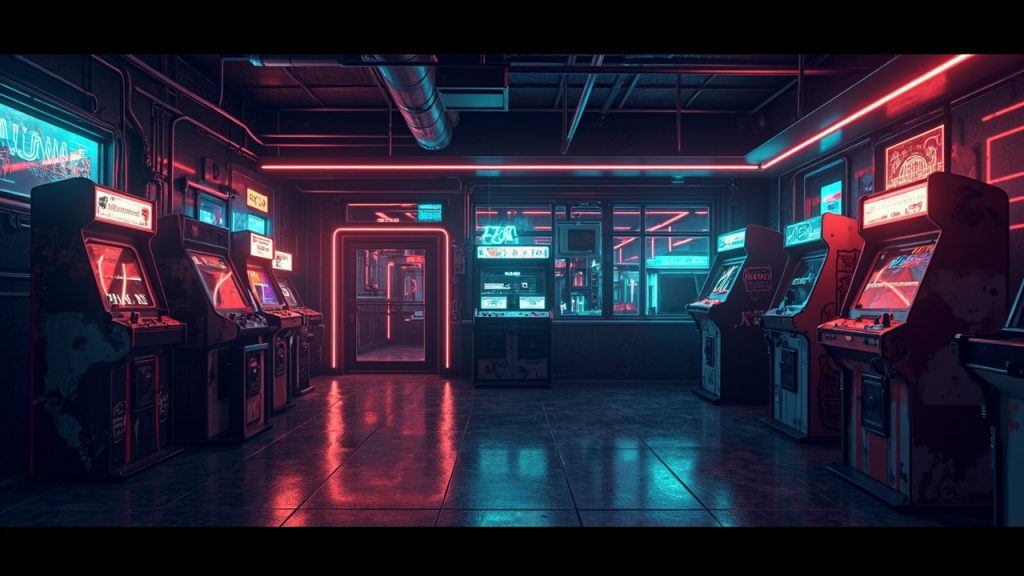 Illustration of a neon-lit retro arcade interior