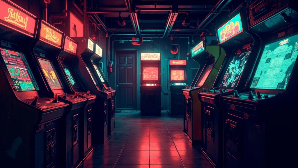Illustration of a neon-lit retro arcade interior