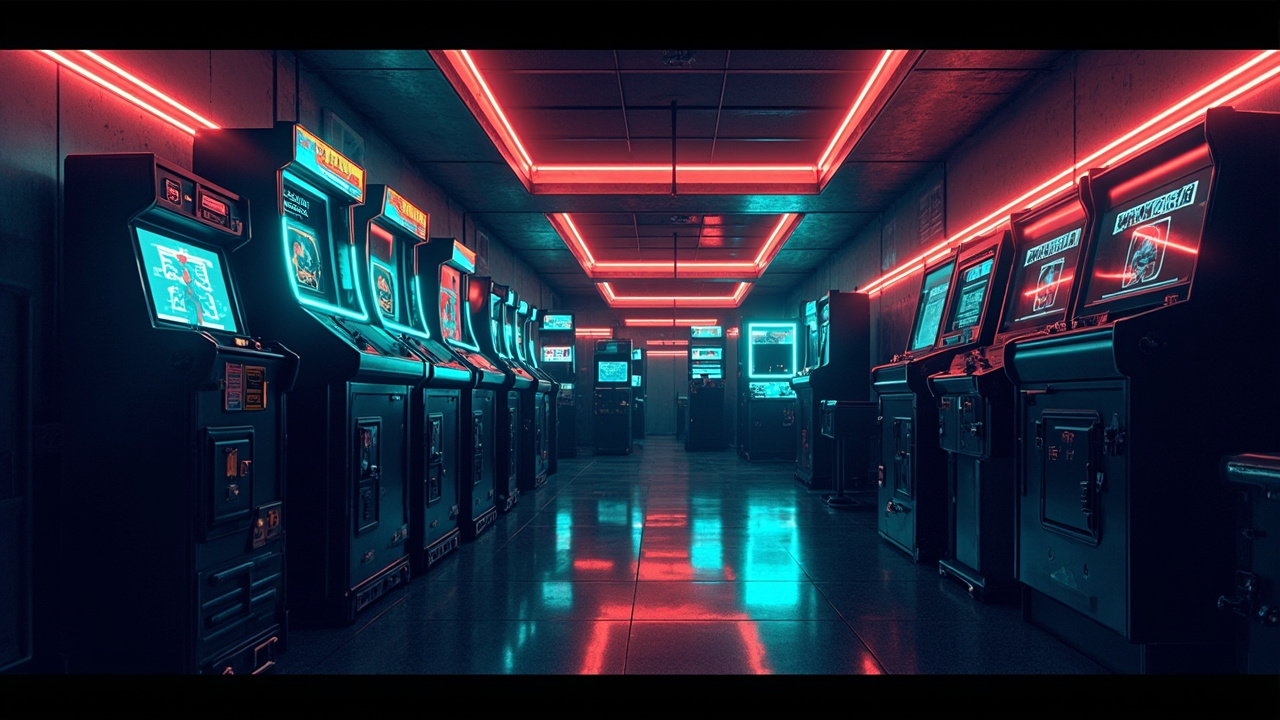 Illustration of a neon-lit retro arcade interior