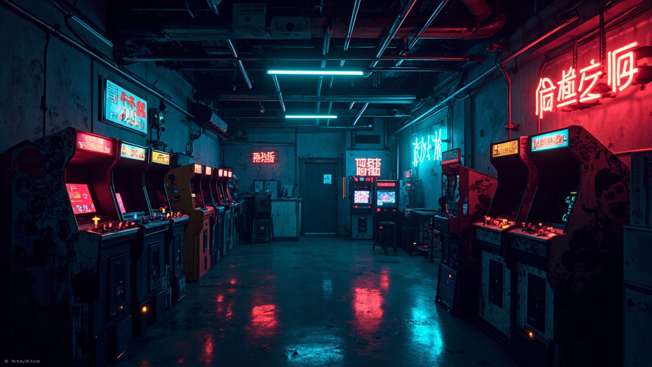 Illustration of a neon-lit retro arcade interior