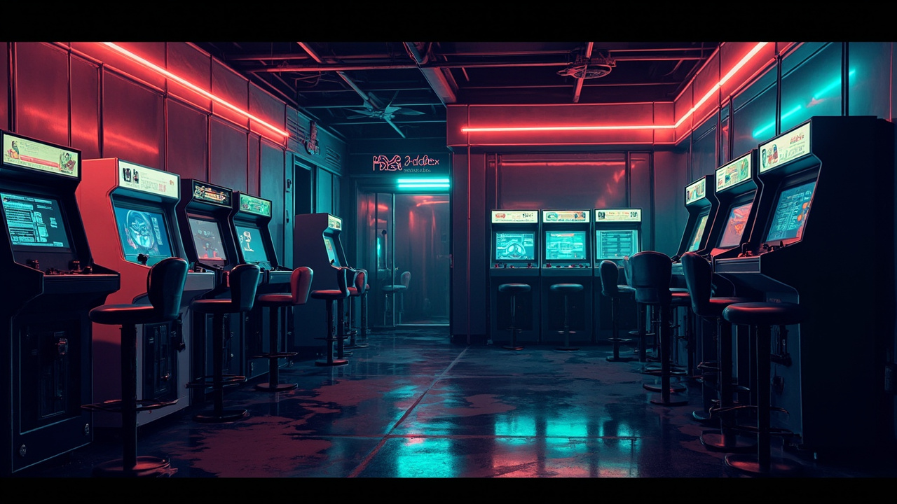 Illustration of a neon-lit retro arcade interior