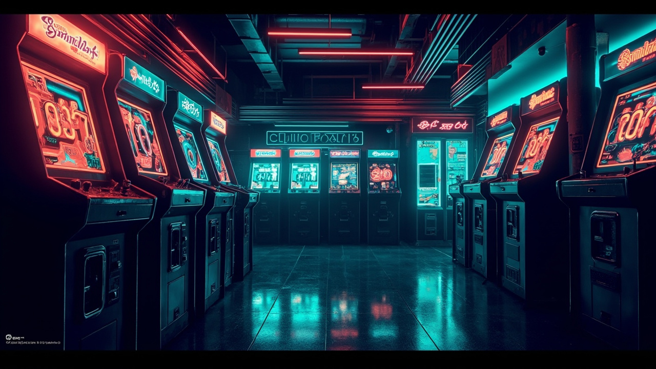 Illustration of a neon-lit retro arcade interior