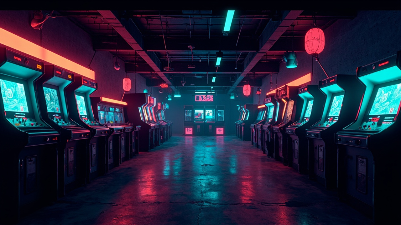 Illustration of a neon-lit retro arcade interior